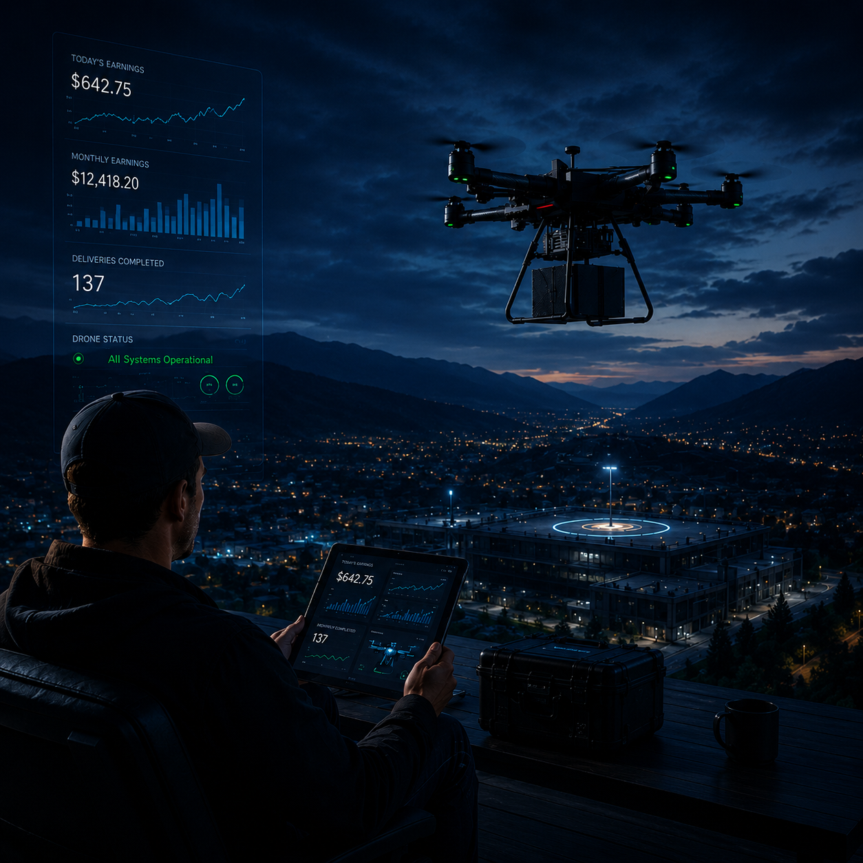 Drone operator monitoring earnings and fleet status at dusk