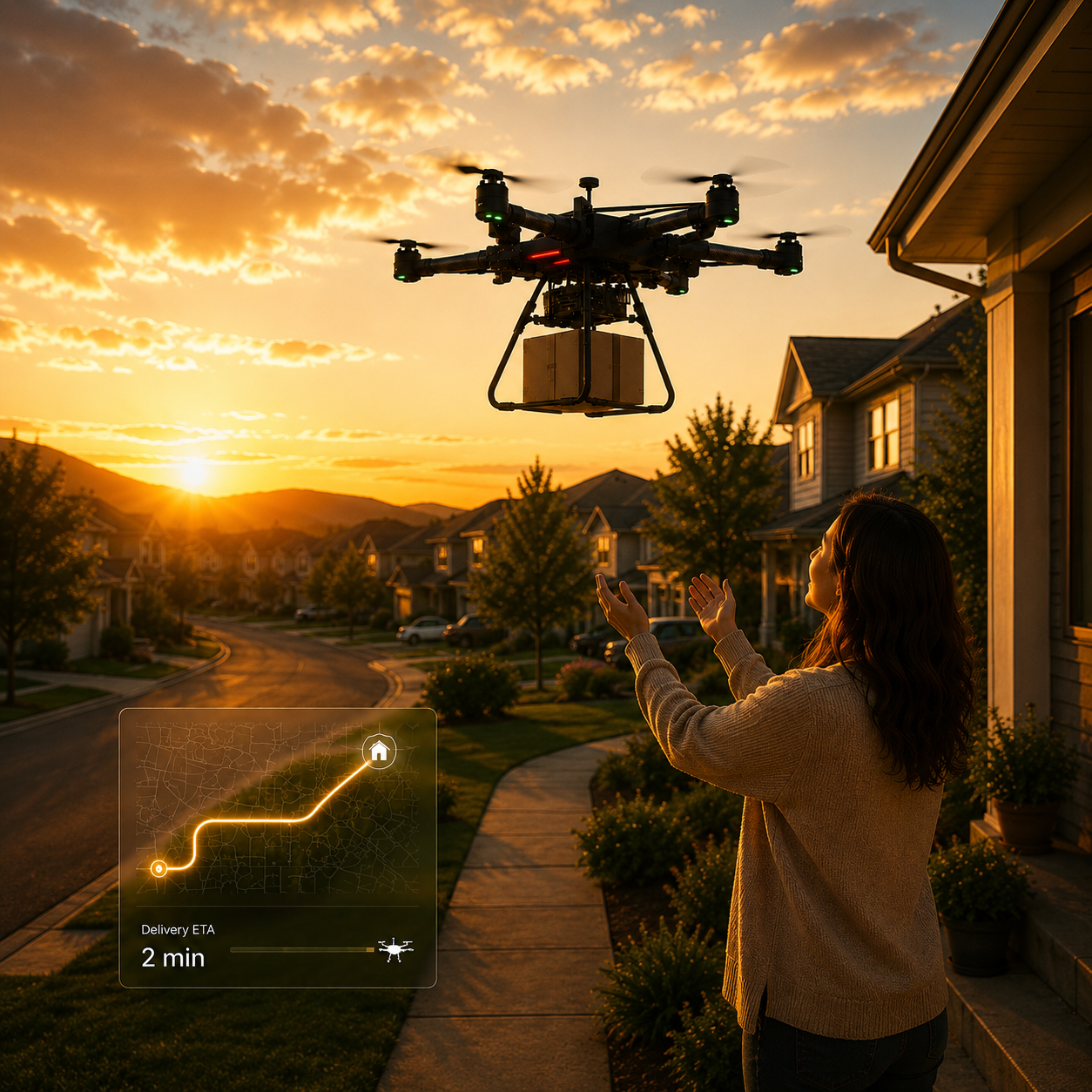Woman receiving a drone delivery at sunset in a suburban neighborhood